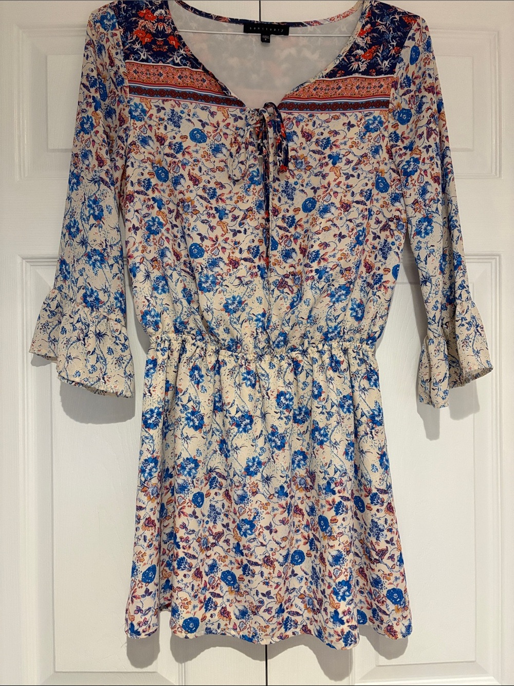 Sanctuary Cream Floral Mini Dress with Blue and Rust Accents